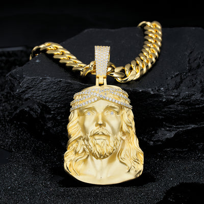 Moissanite “Head of Jesus” Design Pendant, 18k Gold