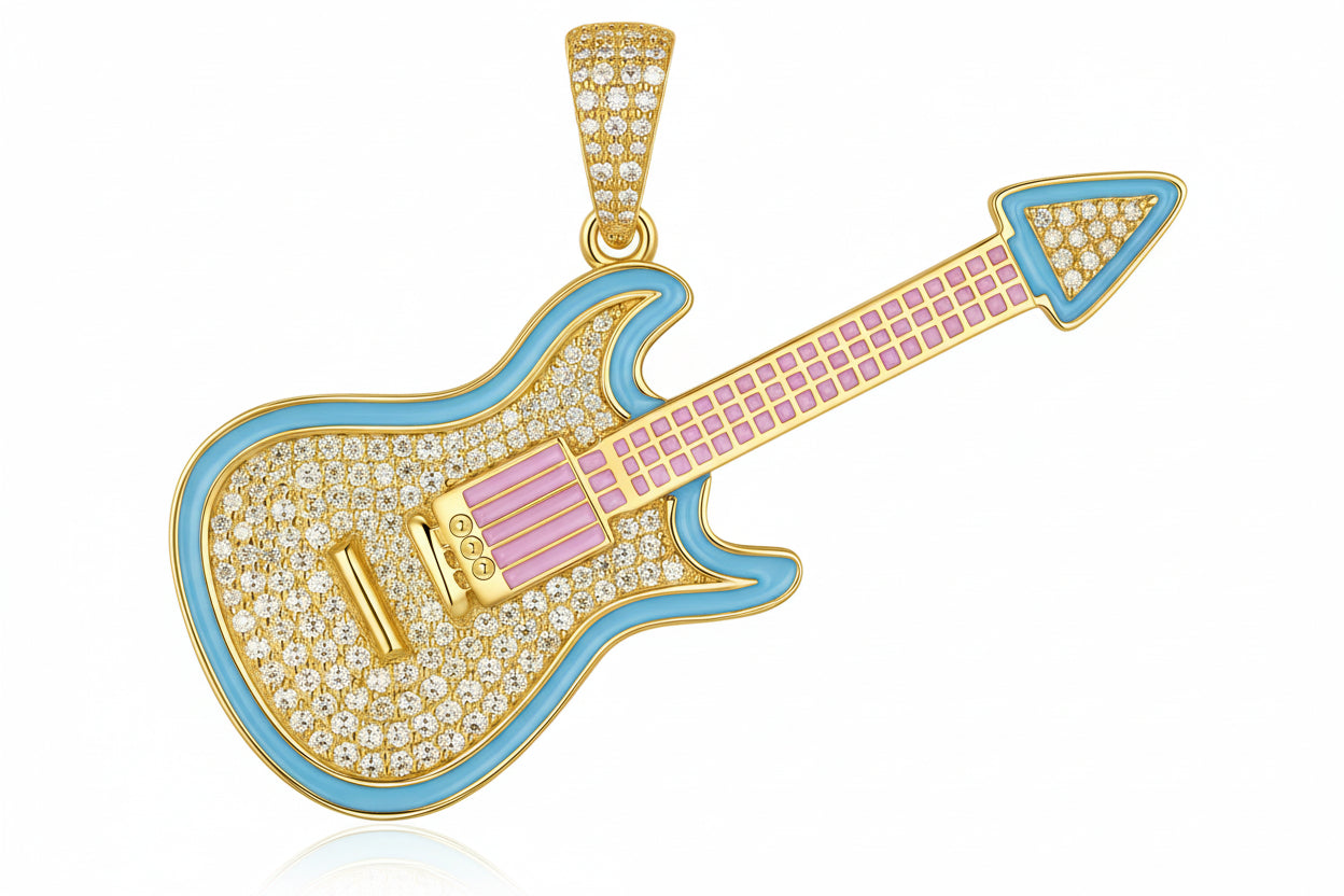 Moissanite “Guitar” Design Pendant, 14k Gold